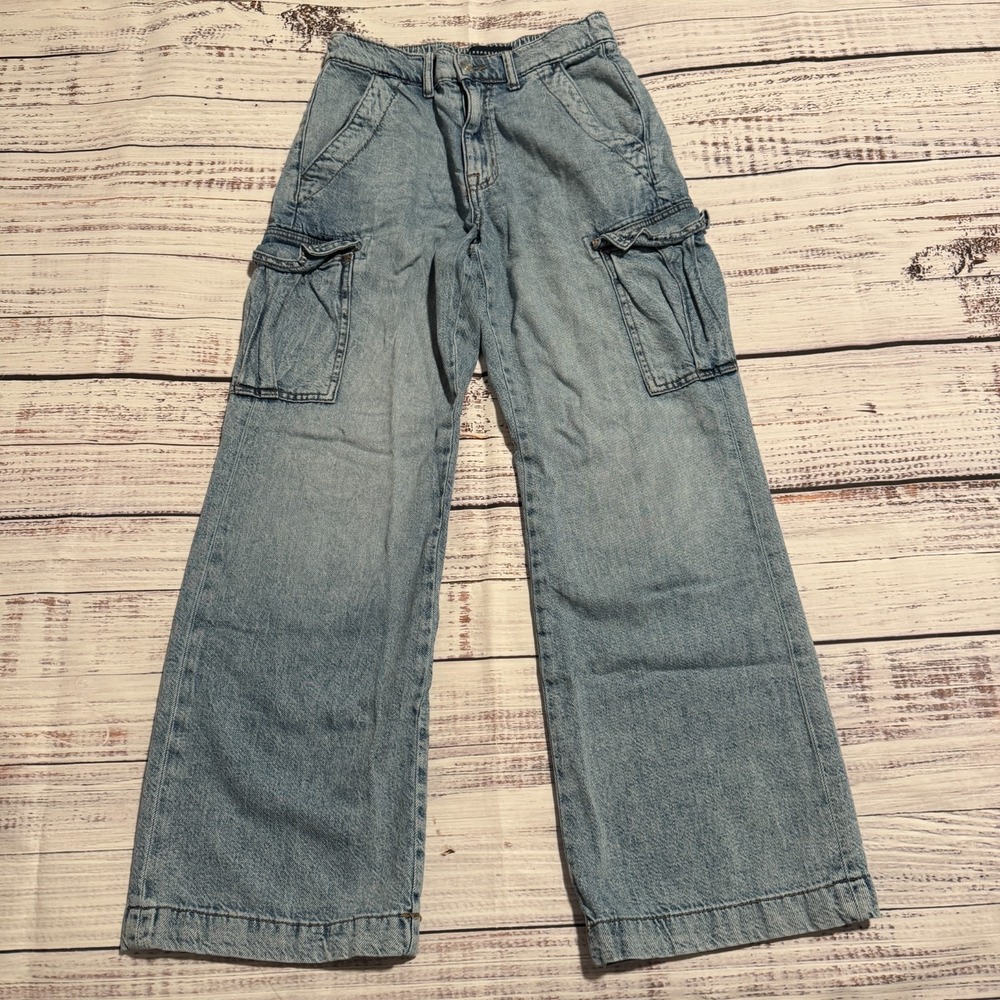Aeropostale Y2K High Rise Wide‎ Leg Utility Cargo Blue Jeans Women's Small Short